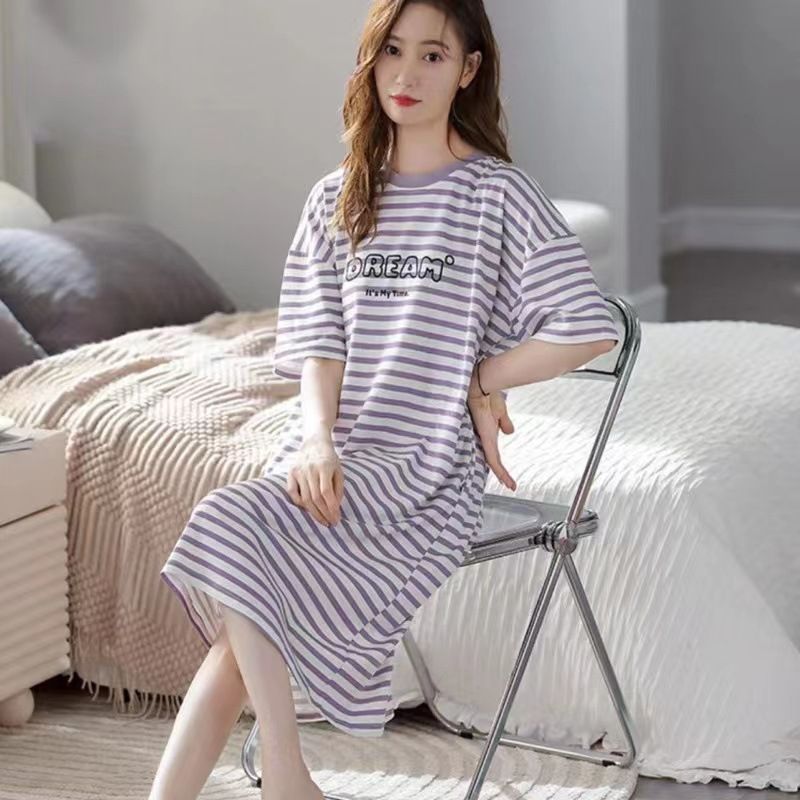 Women Summer Sleepwear Polyester Loose Dress Blue 5xl