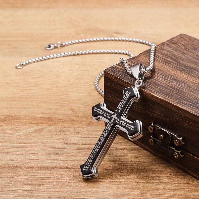 Puhai Stainless Steel Cross Necklace Silver Snake Bone Black view 4