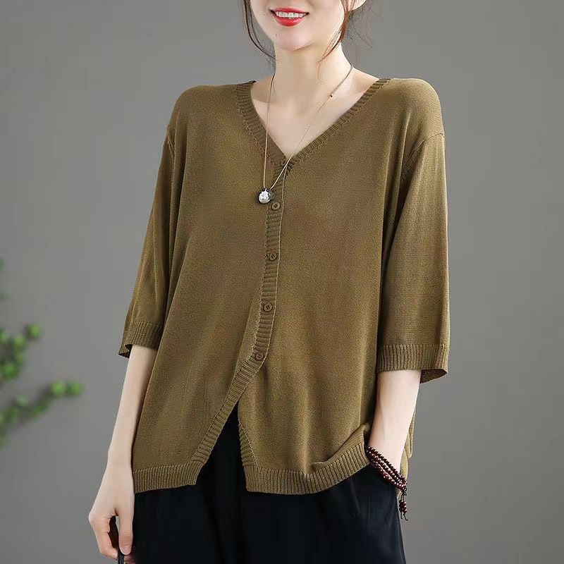 Ice Silk Women Cardigan Loose V Neck Half Sleeve Black M Size: M view 4