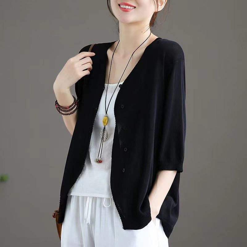 Ice Silk Women Cardigan Loose V Neck Half Sleeve Black XL Size: XL