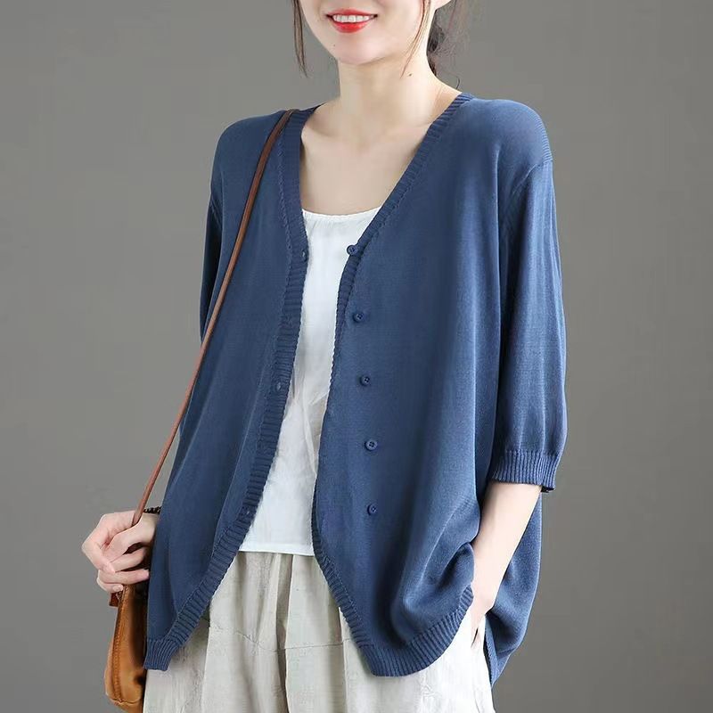 Ice Silk Women Cardigan Loose V Neck Half Sleeve Navy Blue XXL Size: XXL