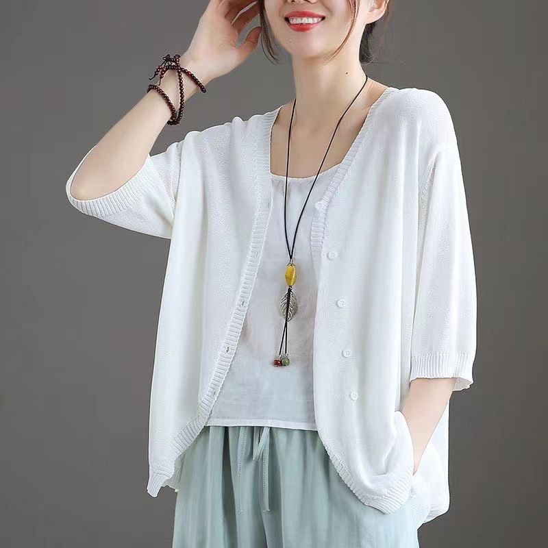 Ice Silk Women Cardigan Loose V Neck Half Sleeve orange red Size: L view 6