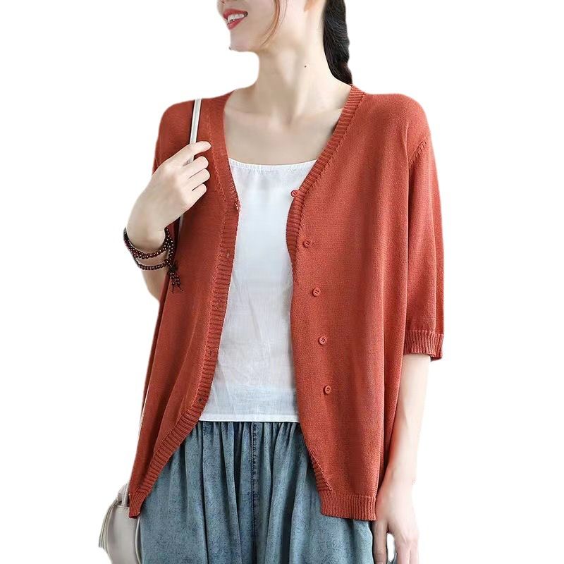 Ice Silk Women Cardigan Loose V Neck Half Sleeve orange red Size: L view 7