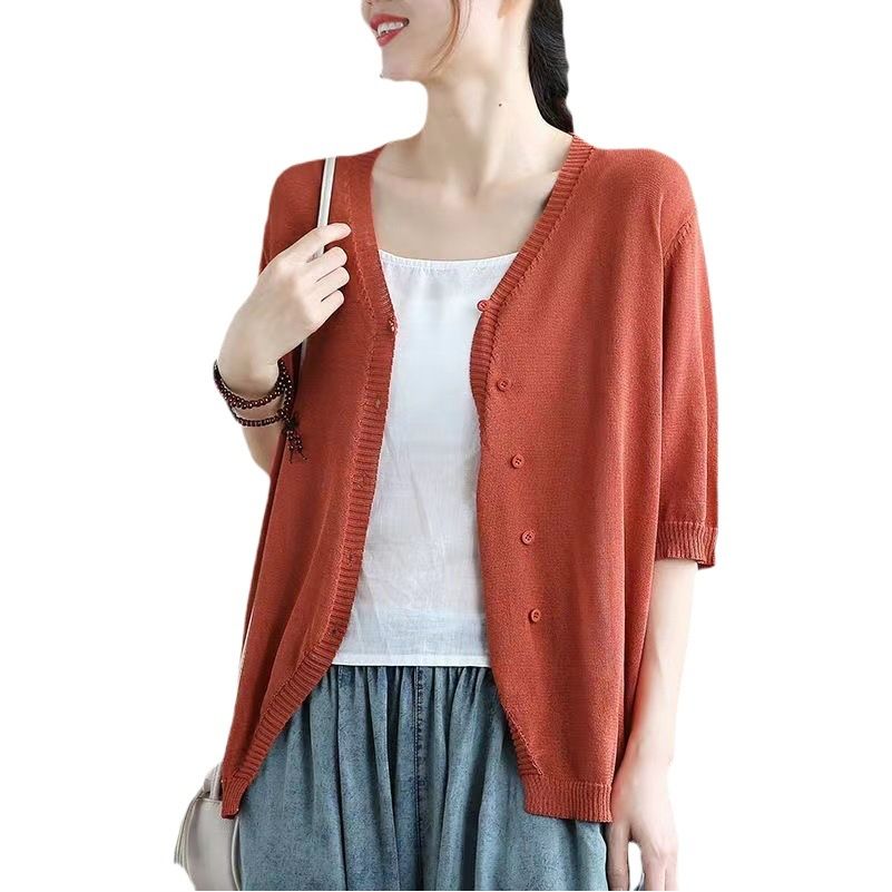 Ice Silk Women Cardigan Loose V Neck Half Sleeve orange red XL Size: XL view 2