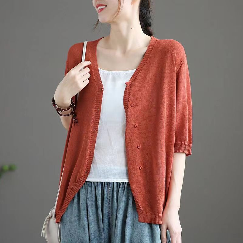 Ice Silk Women Cardigan Loose V Neck Half Sleeve orange red XXXL