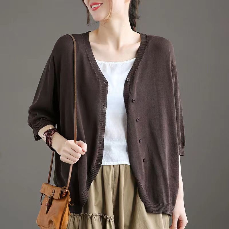Ice Silk Women Cardigan Loose V Neck Half Sleeve Coffee M Size: M