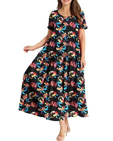 Women Floral Long Dress Short Sleeve Polyester Picture Color 16 XL Size: XL — image 1