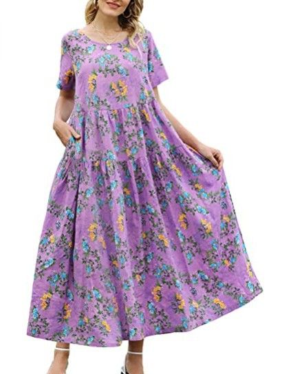 Women Floral Long Dress Short Sleeve Polyester Picture Color 18 Size: L — image 1