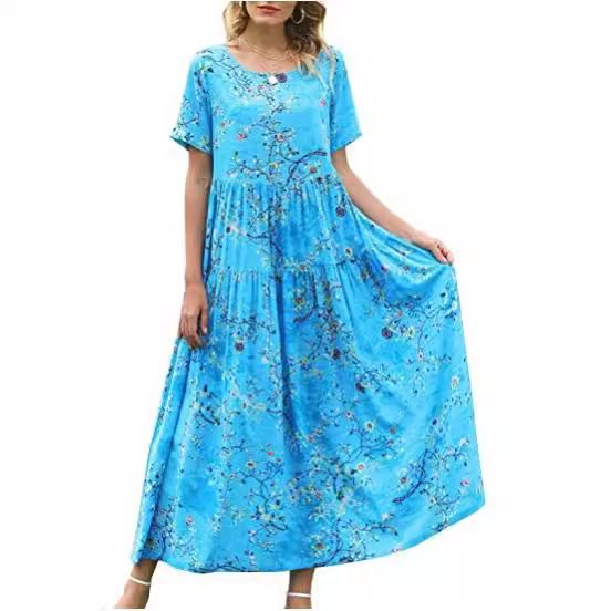 Women Floral Long Dress Short Sleeve Polyester Picture color 19 M Size: M view 3