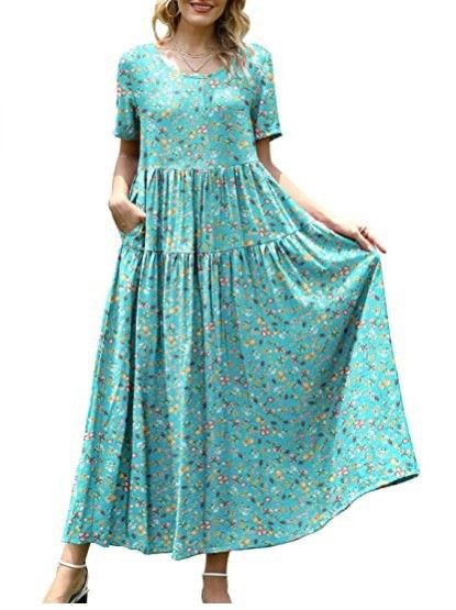 Women Floral Long Dress Short Sleeve Polyester Picture color 19 Size: L — image 1
