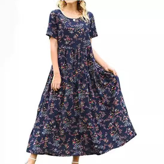 Women Floral Long Dress Short Sleeve Polyester Picture color 20 Size: L view 5