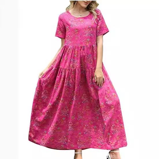 Women Floral Long Dress Short Sleeve Polyester Picture Color 21 XXXL view 4