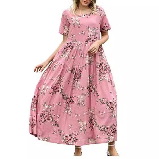 Women Floral Long Dress Short Sleeve Polyester Picture Color 21 XXXL view 6
