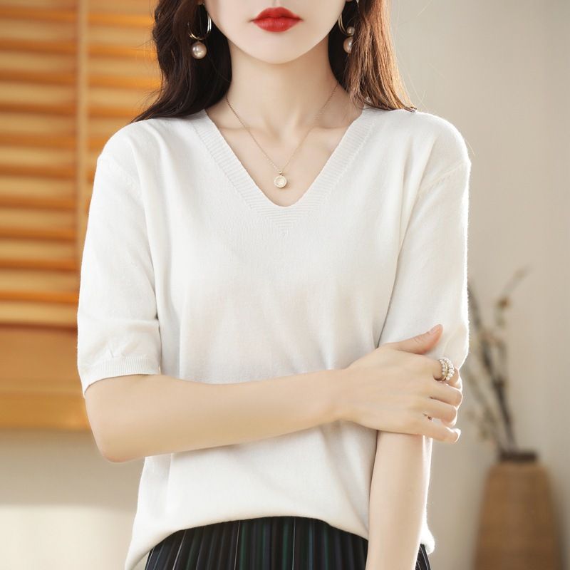 Women V Neck Knit Sweater Half Sleeve Pullover White Size: S view 3