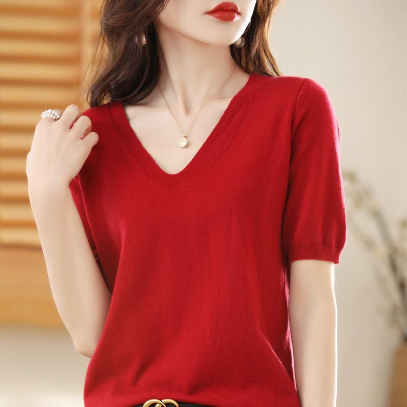 Women V Neck Knit Sweater Half Sleeve Pullover White Size: S view 5
