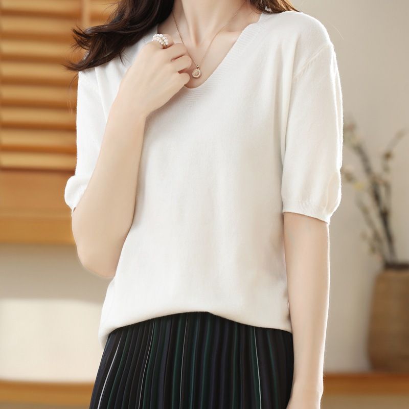Women V Neck Knit Sweater Half Sleeve Pullover White M Size: M