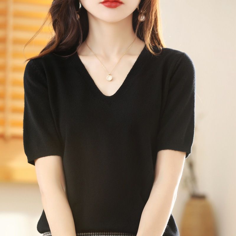 Women V Neck Knit Sweater Half Sleeve Pullover Black XL Size: XL