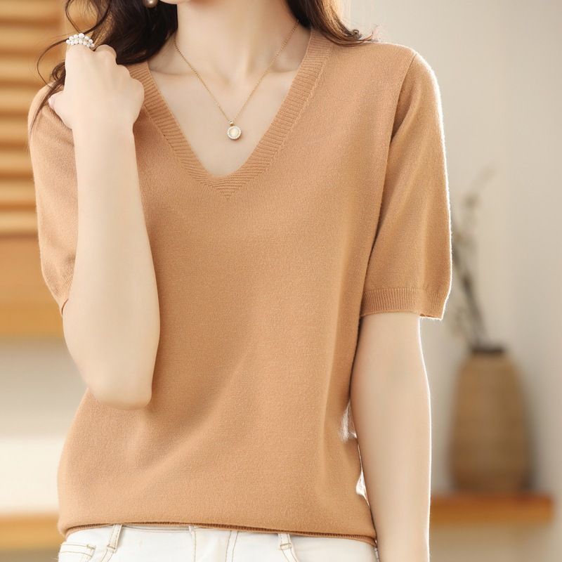 Women V Neck Knit Sweater Half Sleeve Pullover Golden Camel M Size: M