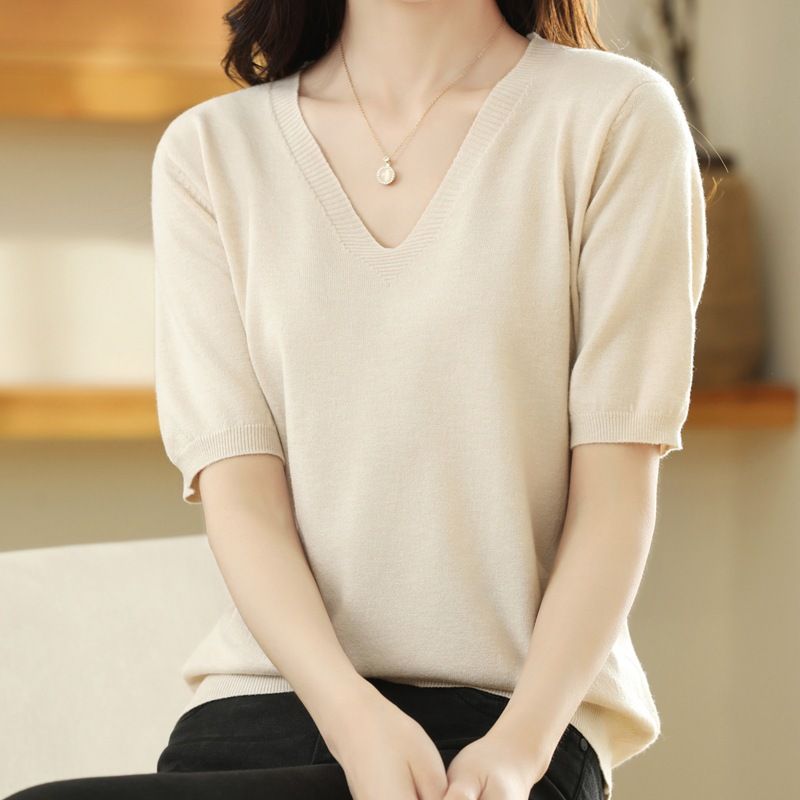 Women V Neck Knit Sweater Half Sleeve Pullover Beige XL Size: XL