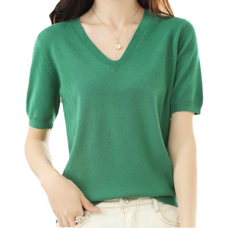 Women V Neck Knit Sweater Half Sleeve Pullover Beige XL Size: XL view 2