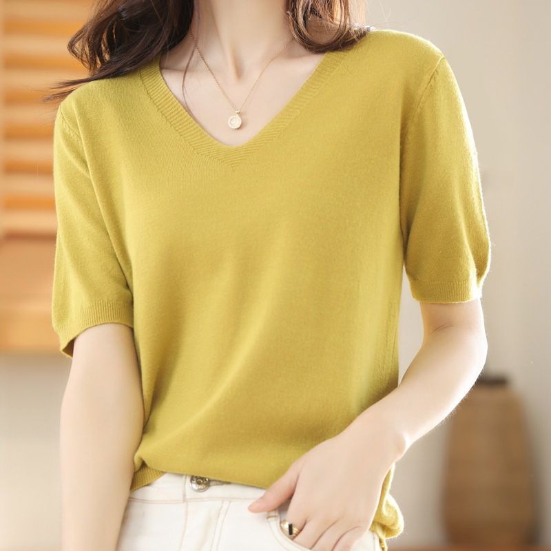 Women V Neck Knit Sweater Half Sleeve Pullover Autumn leaves yellow Size: S