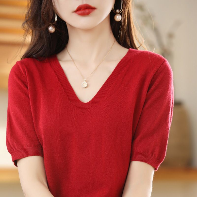 Women V Neck Knit Sweater Half Sleeve Pullover Rust red XL Size: XL