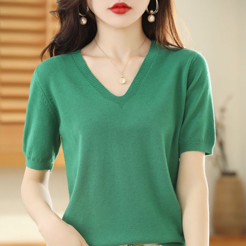 Women V Neck Knit Sweater Half Sleeve Pullover Emerald XXL Size: XXL