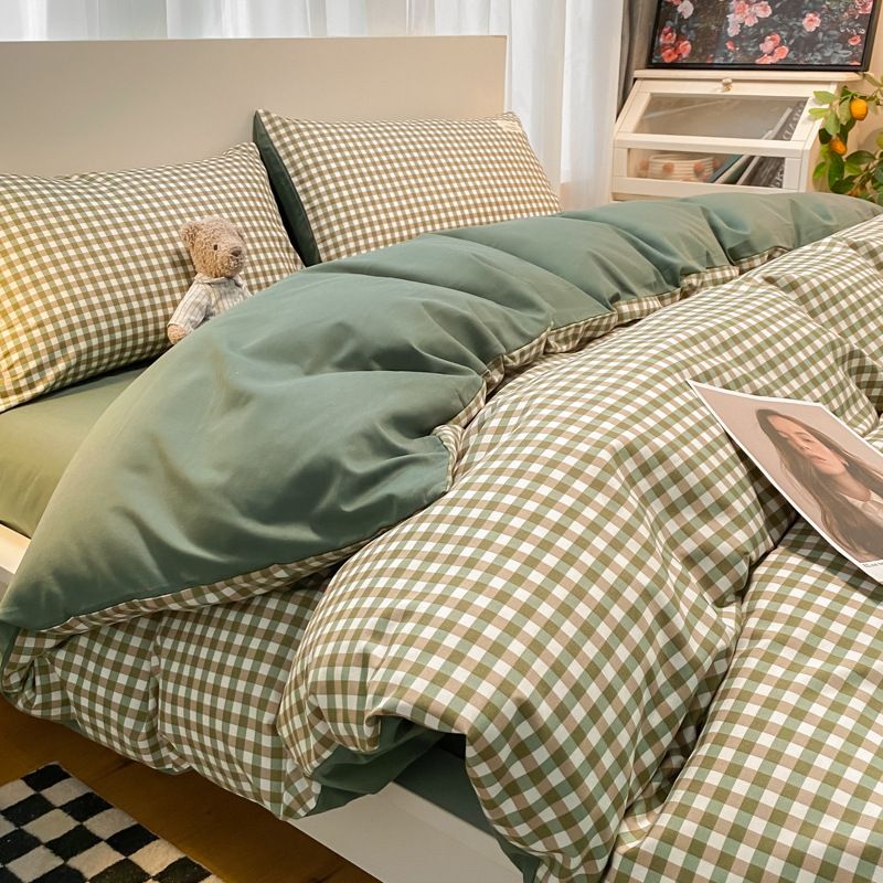 Qianjin Cotton Solid Color 4 Piece Bedding Set Grass green small grid ☆ 1.5 m