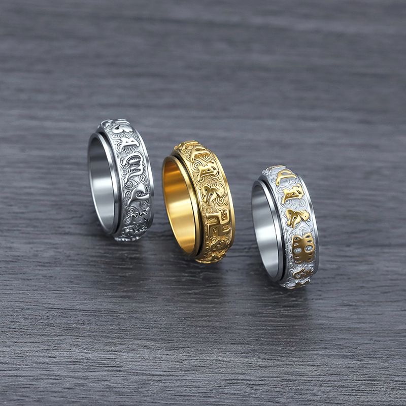 shengshu Six Syllable Mantra Rotating Ti Steel Men Ring Silver US No. 9 view 2