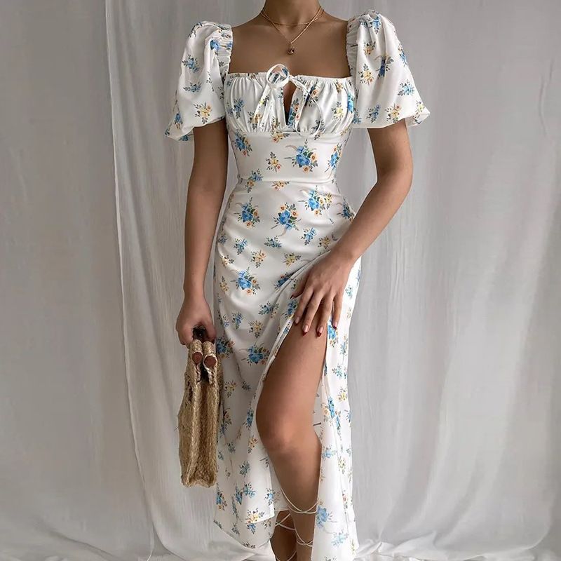 Hongyi Floral Long Dress Summer 2026 New White Blue Big Flower Size: L — image 1