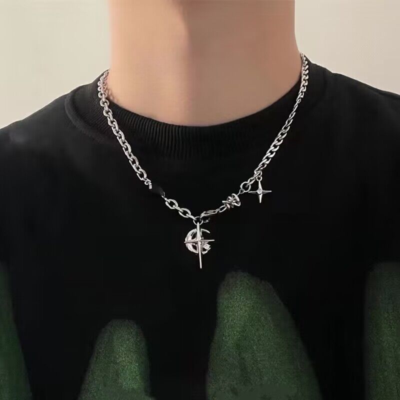 Titanium Steel Necklace Black Gem Star Hip Hop Titanium steel Awn star black view 3