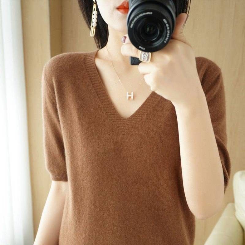 Women V Neck Knit Sweater Half Sleeve Pullover Coffee Size: S