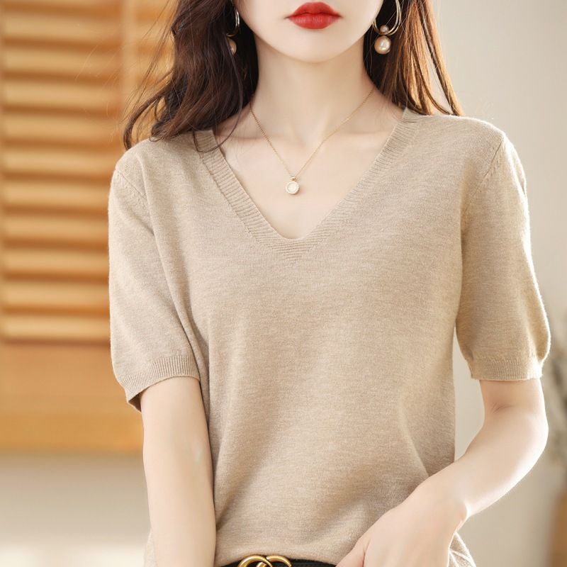 Women V Neck Knit Sweater Half Sleeve Pullover CAMEL Size: M