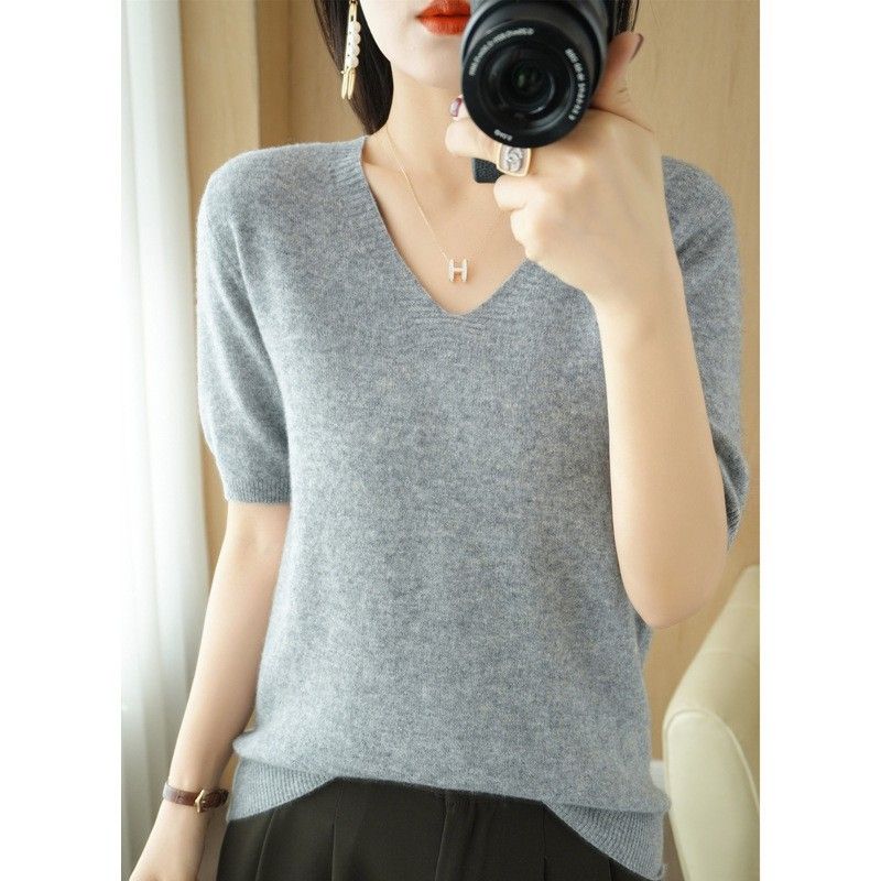 Women V Neck Knit Sweater Half Sleeve Pullover Grey XXL Size: XXL