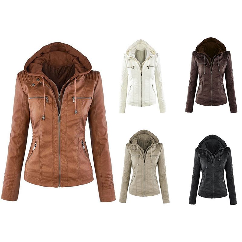 Women PU Leather Jacket Solid Zipper Hooded Streetwear Coffee Size: L view 3