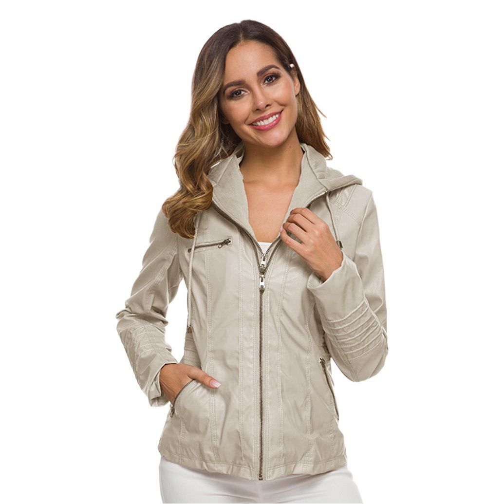 Women PU Leather Jacket Solid Zipper Hooded Streetwear Coffee 4XL view 2
