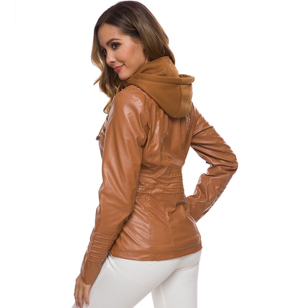Women PU Leather Jacket Solid Zipper Hooded Streetwear Coffee 5XL view 5