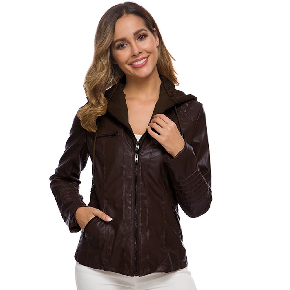 Women PU Leather Jacket Solid Zipper Hooded Streetwear Coffee 6XL — image 1