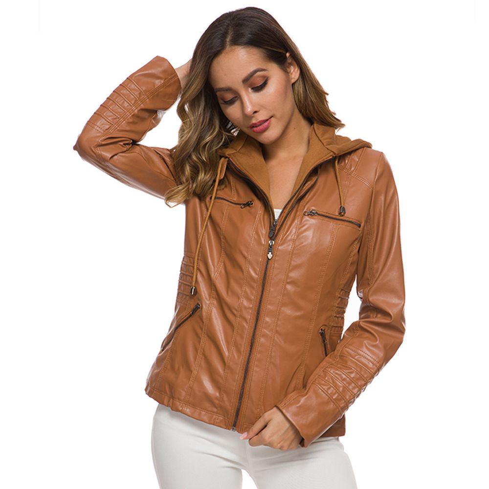 Women PU Leather Jacket Solid Zipper Hooded Streetwear Explosions a large view 3