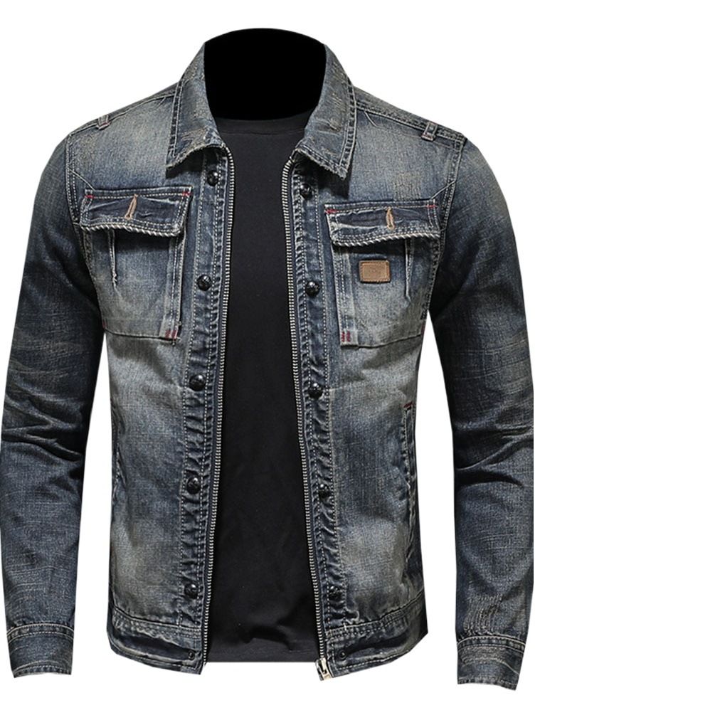 Men Denim Jacket Vintage Wash Cotton Long Sleeve Blue Size: M view 2