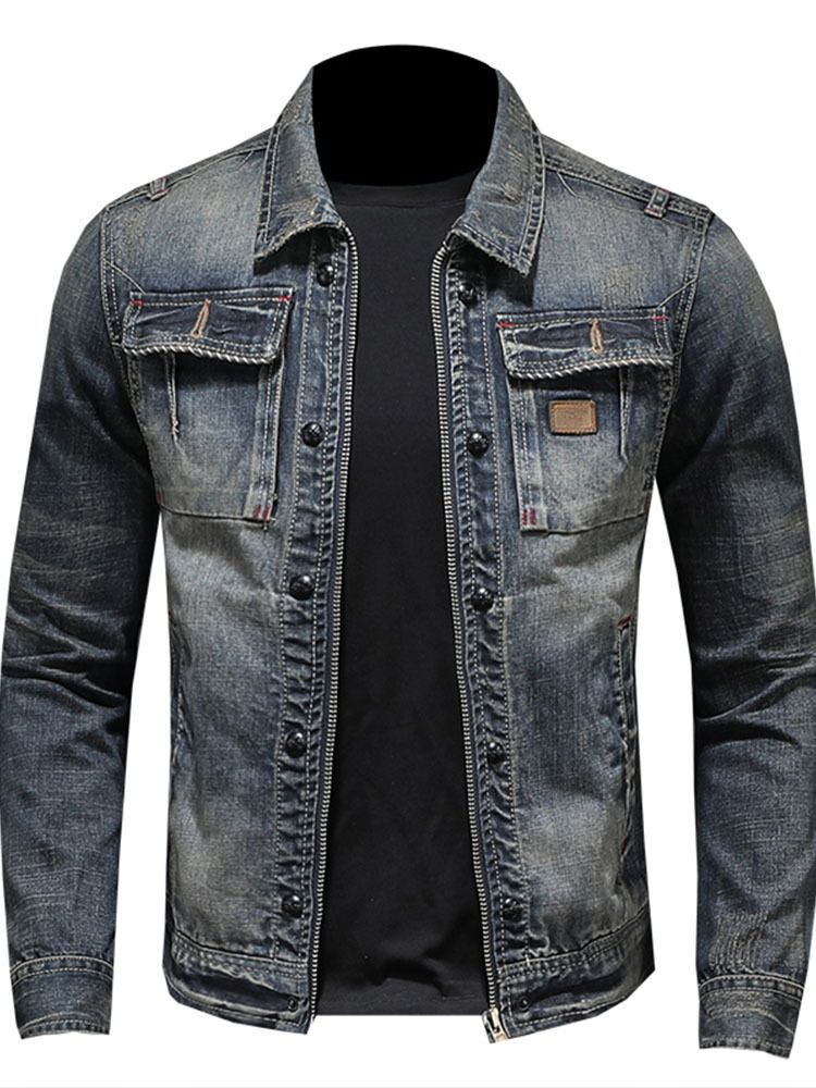 Men Denim Jacket Vintage Wash Cotton Long Sleeve Blue Size: L view 5