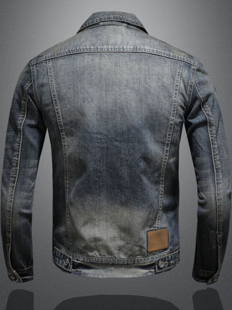 Men Denim Jacket Vintage Wash Cotton Long Sleeve Blue 2XL Size: 2XL view 4
