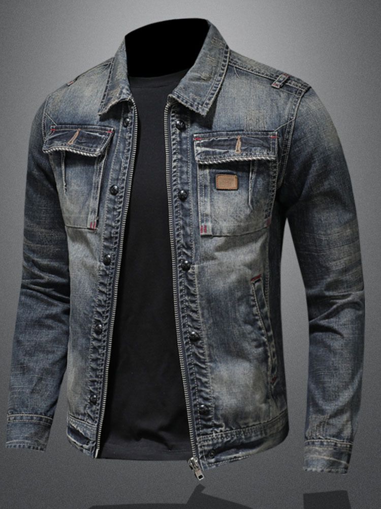 Men Denim Jacket Vintage Wash Cotton Long Sleeve Blue 2XL Size: 2XL view 7