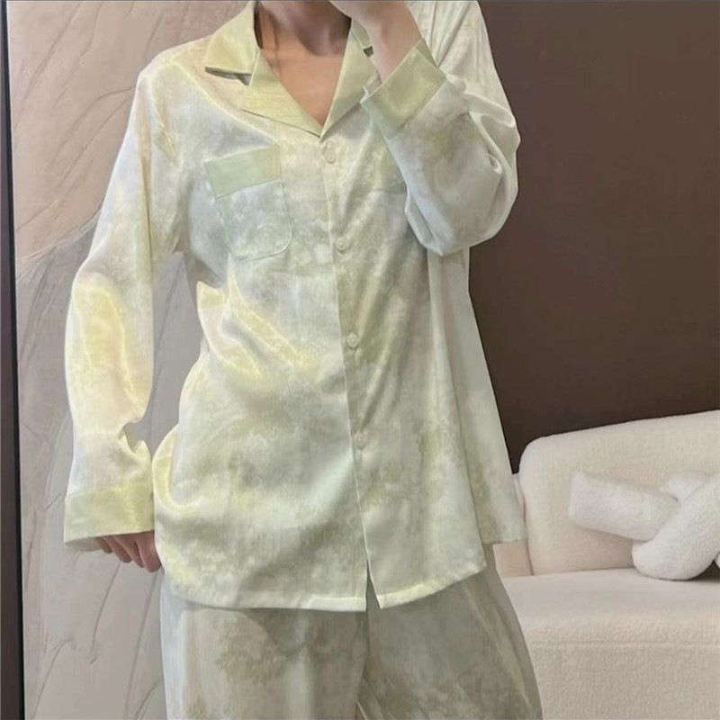 Women Long Sleeve Sleepwear Set Polyester Home Double-length green# twill sand view 3