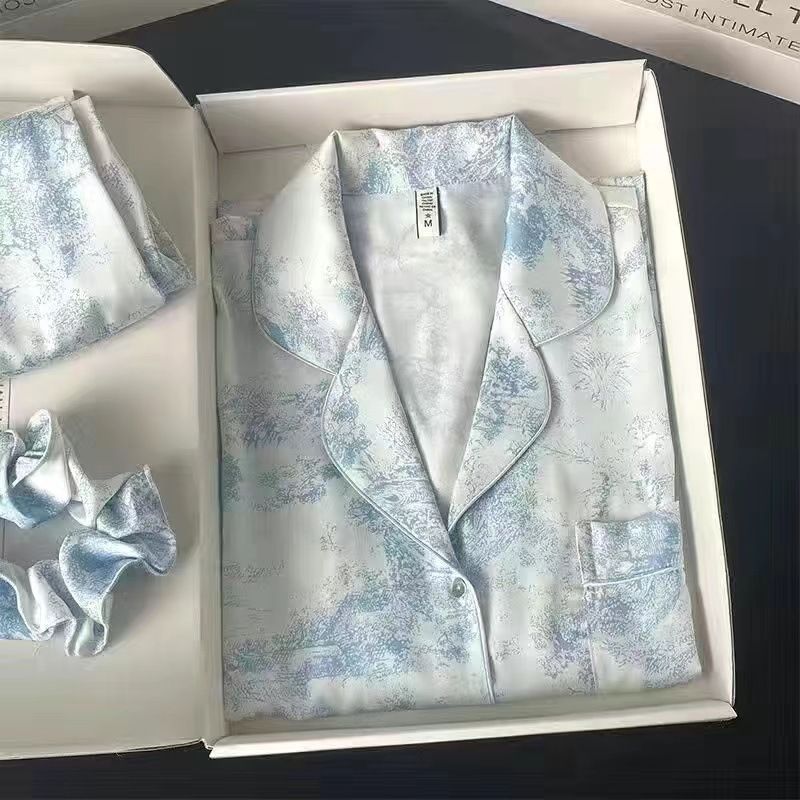 Women Long Sleeve Sleepwear Set Polyester Home Double long blue# twill sand
