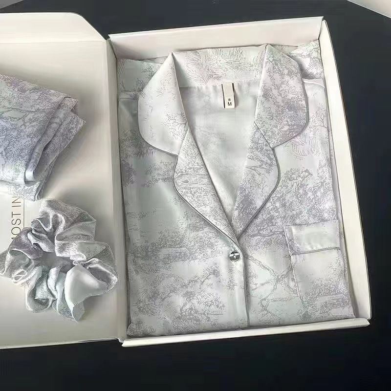 Women Long Sleeve Sleepwear Set Polyester Home Double-length gray# twill sand