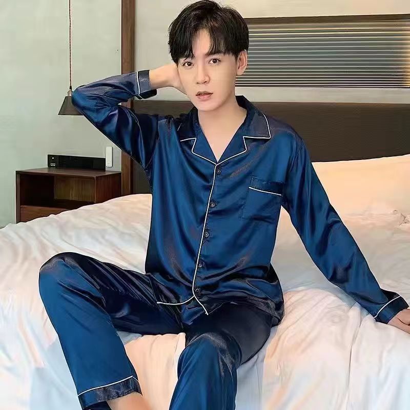 Plus Size Polyester Long Sleeve Sleepwear Trousers... 1290 dark blue Men's L