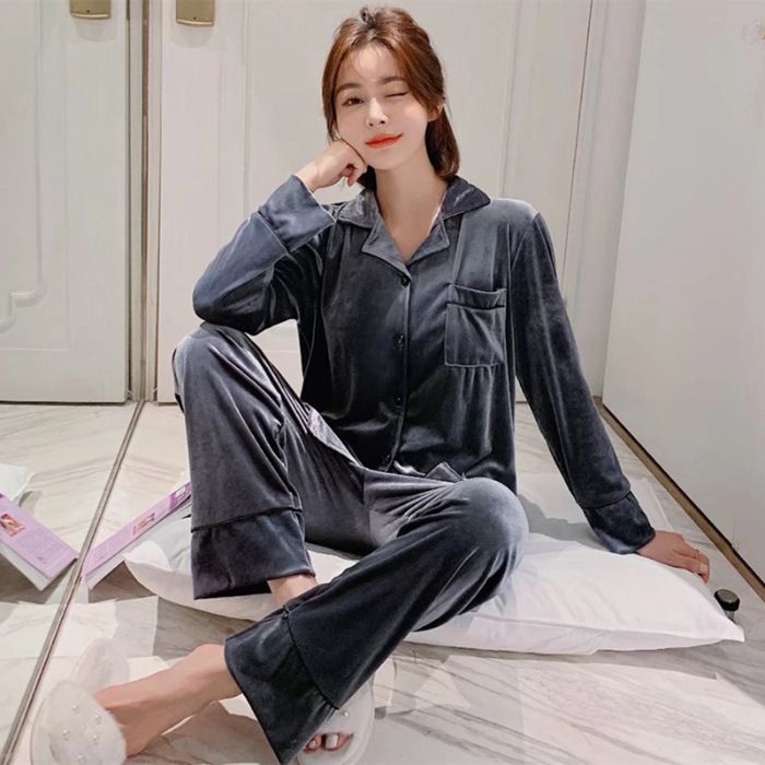 Women Winter Velvet Sleepwear Set Long Sleeve 096# Gray Female L
