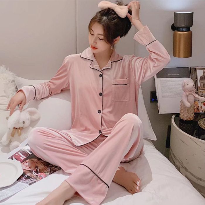 Women Winter Velvet Sleepwear Set Long Sleeve 096# Pink Female M