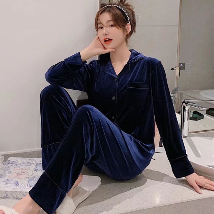 Women Winter Velvet Sleepwear Set Long Sleeve 096# Blue Female 3xl